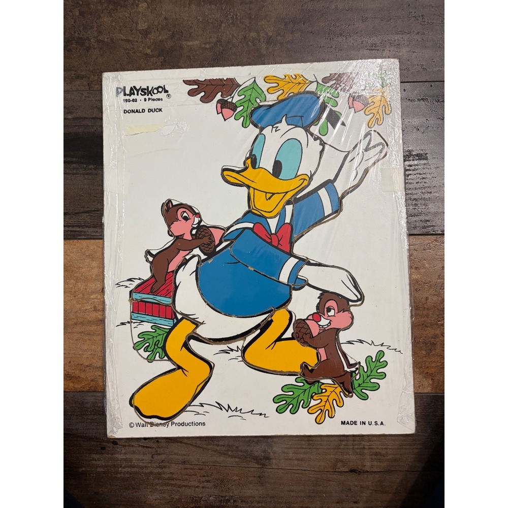 Vintage Playskool Disney Donald Duck Chip n Dale Wood Inlay Puzzle 190-02 9pc